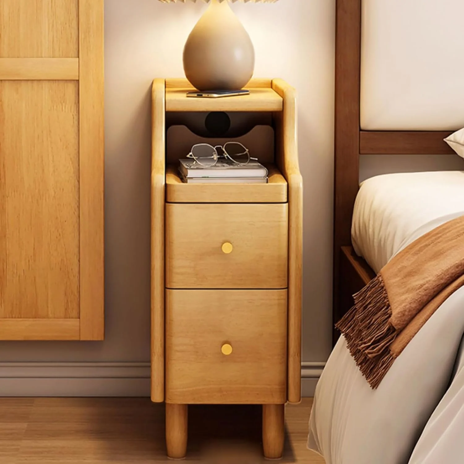 Modern Slim Bedside Table with Storage Drawer & Shelf